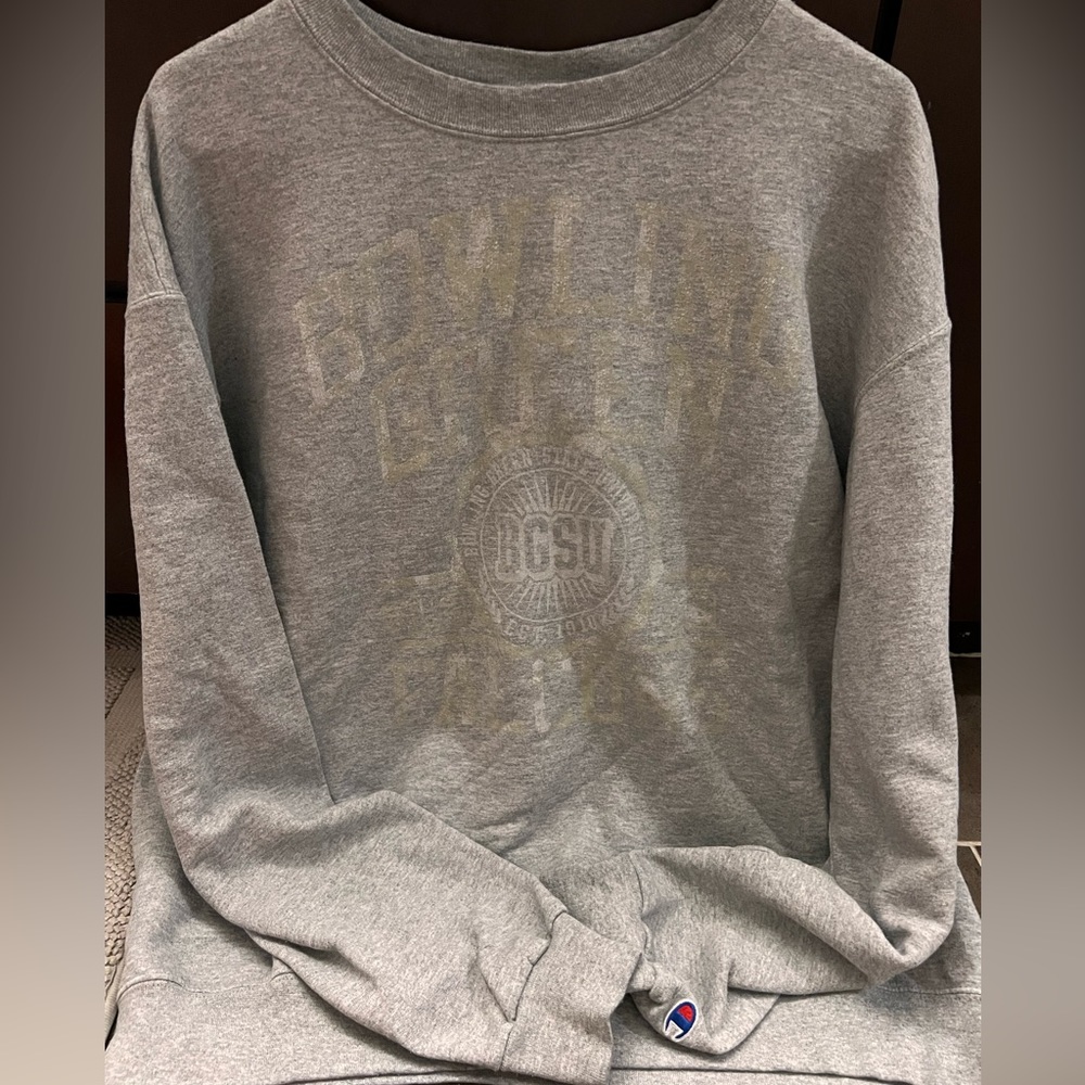 Gray BGSU sweatshirt with washed out decal (made like this).